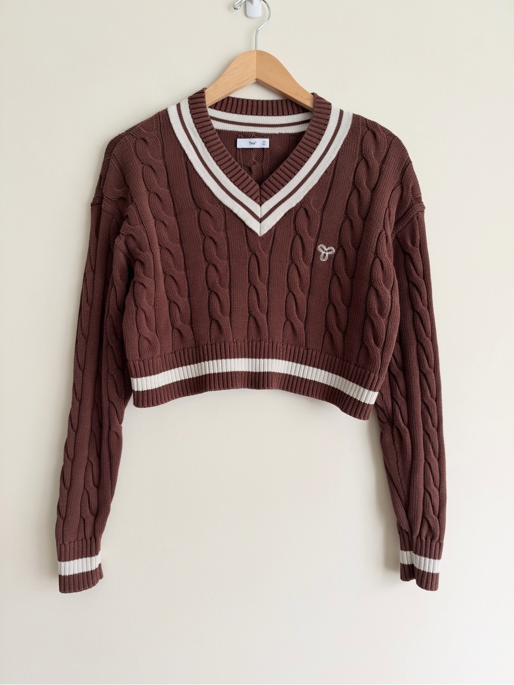 Aritzia Tna Clay Cotton Cable Knit Cropped V-Neck Sweater